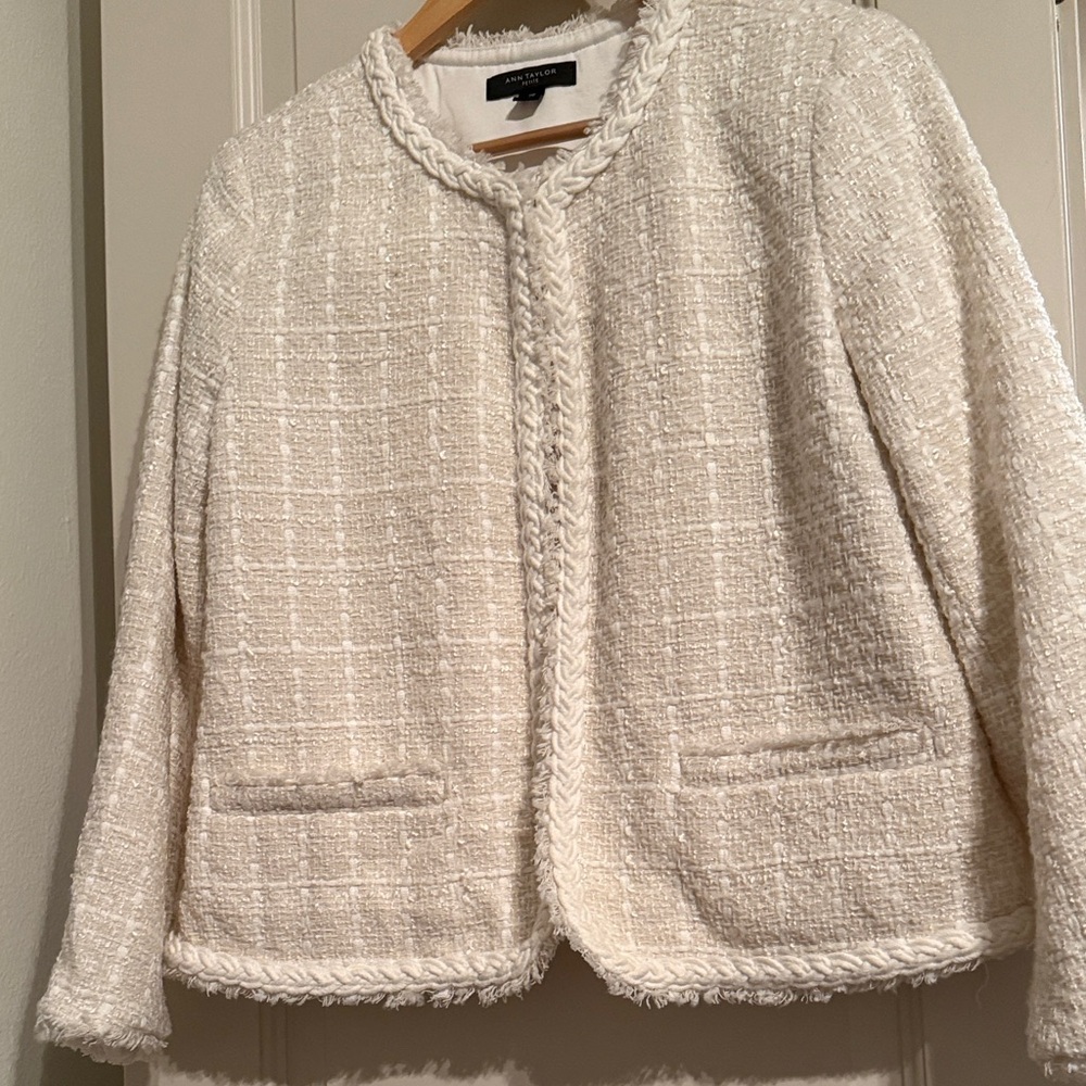 Ann Taylor Ivory Tweed Braided-Trim Collarless Jacket
